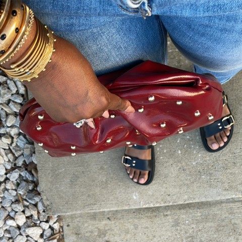 Kris | Wine Studded Magnet Ruched Clutch