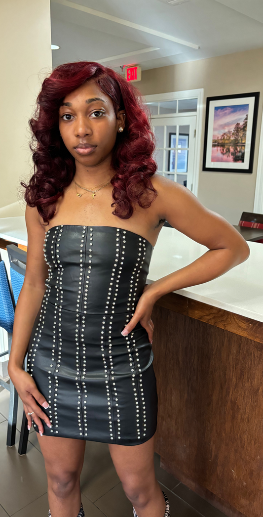 Krystal | Black Studded Leather Mini Dress