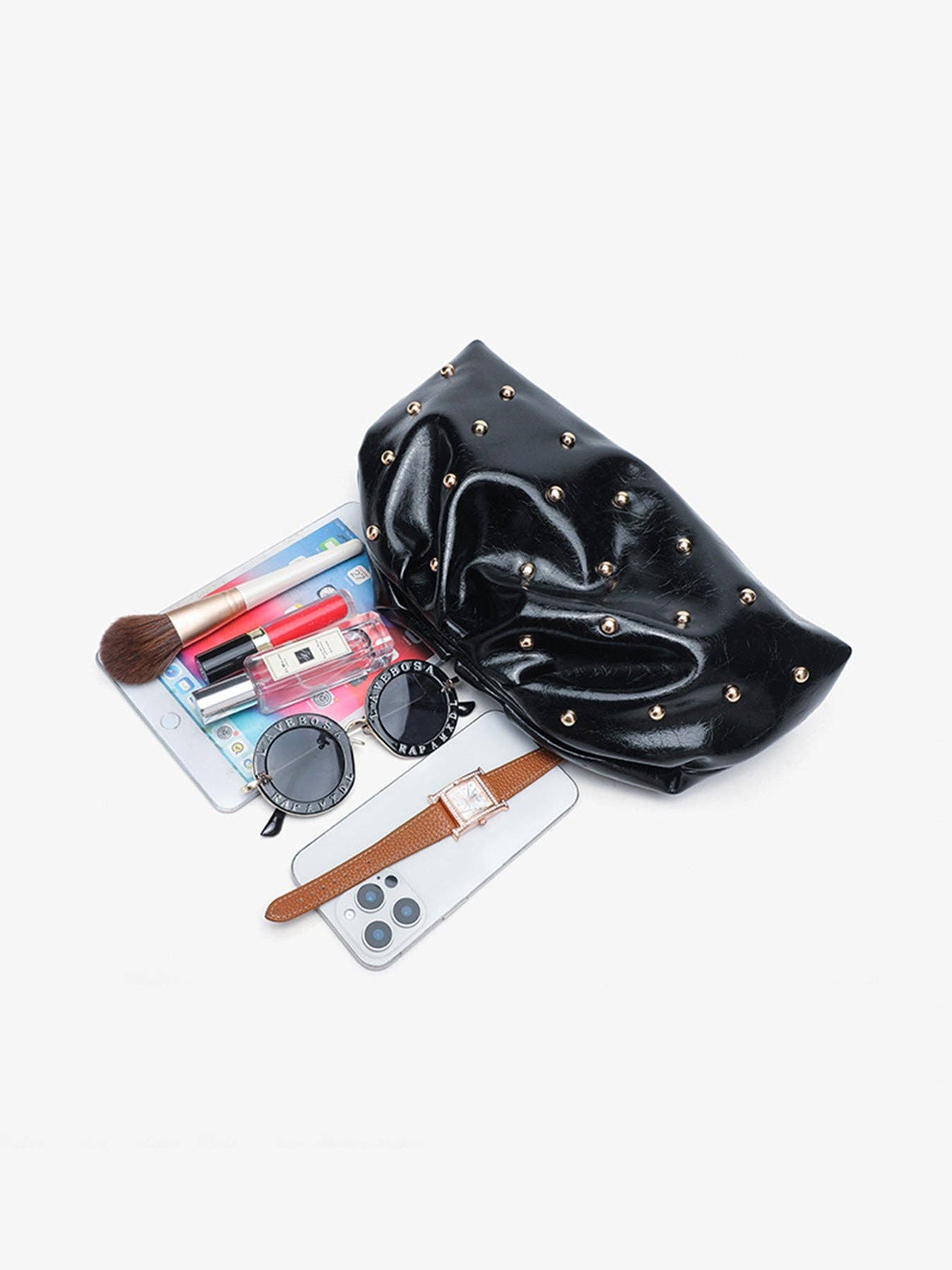 Kris | Black Studded Magnet Ruched Clutch